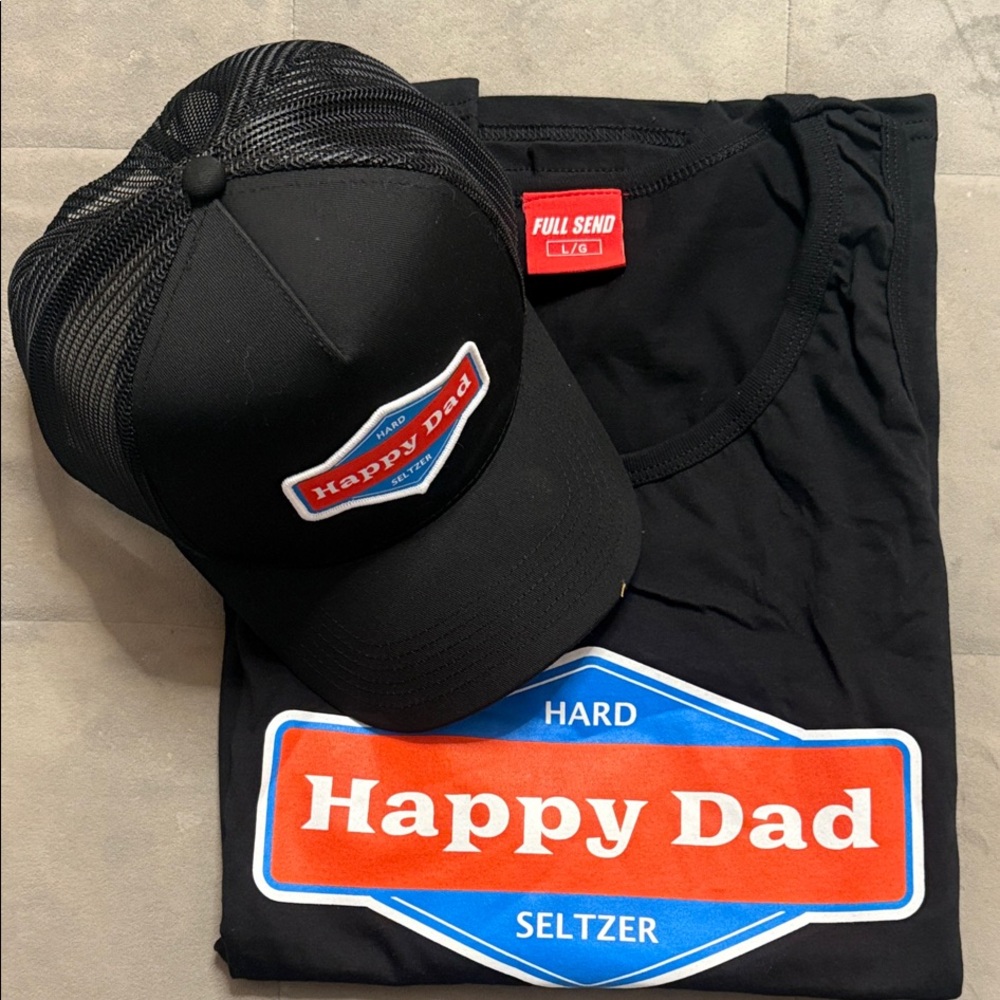 Happy Dad Full Send Black Tank Top plus Trucker Hat logo